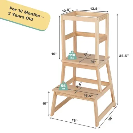 Costway Kids Kitchen Step Stool Kids Standing Tower with Safety Rails White\Nature image {3}