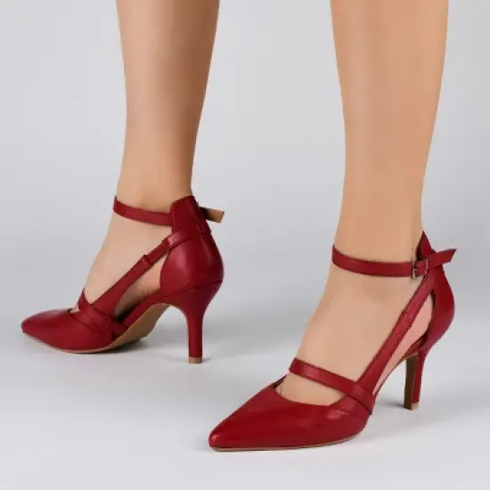 Journee Signature Womens Genuine Leather Vallerie Buckle Mid Heel Almond Toe Pumps image {7}