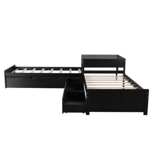 Twin Size Wood Platform Bed Frame, Triple Bed with Twin Trundle Bed, Drawers and Built-in Desk -ModernLuxe image {7}