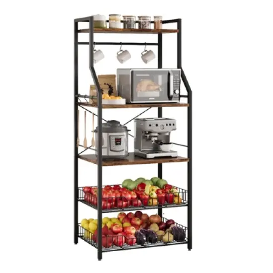 Bakers Rack, Microwave Oven Stand with 2 Large Wire Basket, 5-Tier Kitchen Utility Storage Shelf with 8 Hooks for Spice, Pots Organizer image {10}