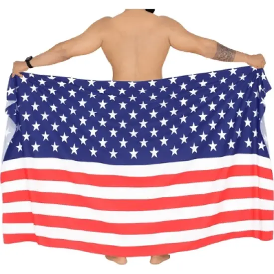 LA LEELA Men's Patriotic 4th of July USA Flag Swimwear Summer Sarong Swim Trunk Pareo Beach Wrap One Size Pearl Stars and Stripes image {1}