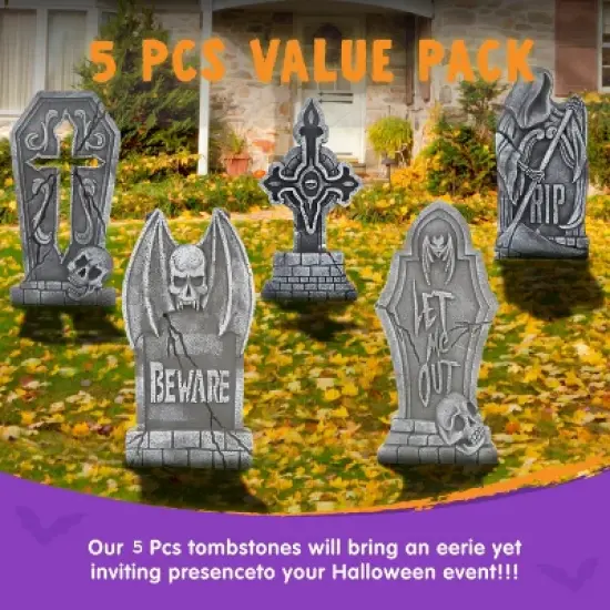 Joyfy 5pcs 17" Halloween Foam Tombstones Decoration, Halloween Graveyard Headstone Prop Cemetery Decoration with 12 Metal Stakes, Outdoor Yard Lawn image {6}
