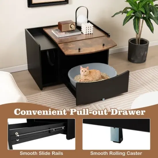 Tangkula Cat Litter Box Enclosure w/ Pull-out Drawer Flip Door Rolling Caster Indoor Black image {2}