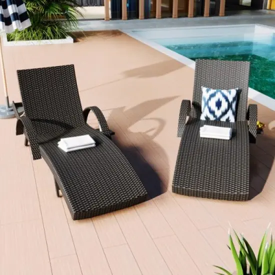 LOVSON 80'' Outdoor Wicker Chaise Lounge (Set of 2), Pull-Out Side Table, Adjustable Backrest, Pool Sun Lounger, Black image {2}