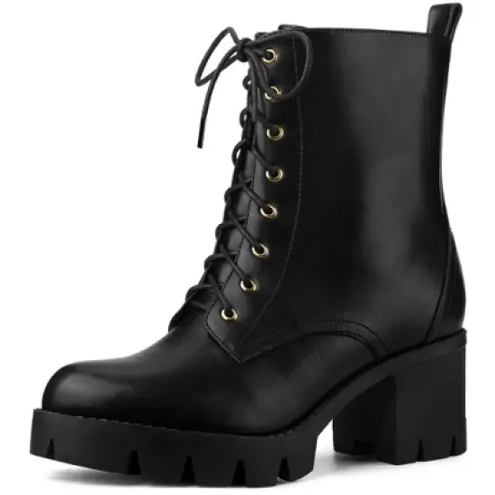 Allegra K Women's Lace-Up Platform Chunky Heels Combat Boots image {7}
