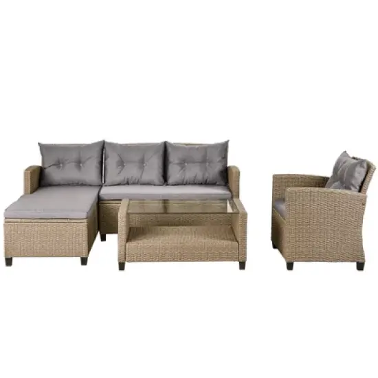 4pc Wicker Patio Conversation Set with Cushions - Beige/Brown - GODEER image {7}