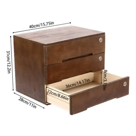YIYIBYUS Wooden Desktop Storage Box with 3 Lockable Drawers image {2}