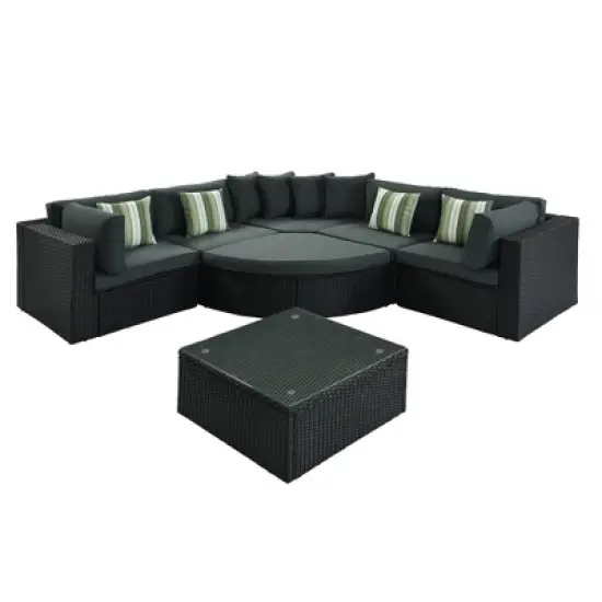 7pc Wicker Patio Seating Set with Cushions & Striped Pillows - Gray - GODEER image {7}