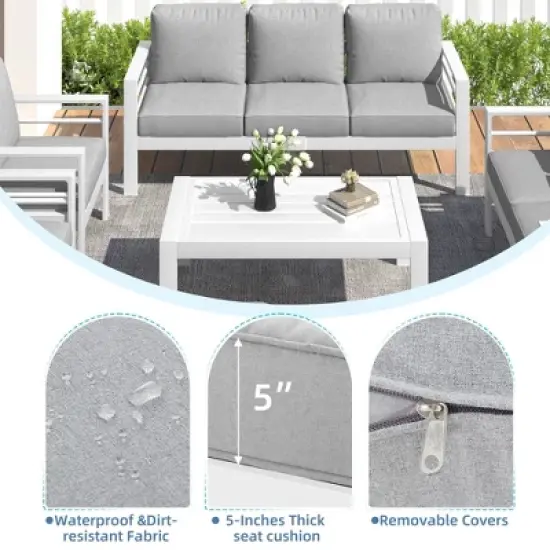 COWLOWN 7 Piece Light Gray Modern Aluminum Outdoor Patio Furniture Set, Coffee Table and Light Gray Cushions, Ideal for Balcony, Porch, Yard and Lawn image {2}