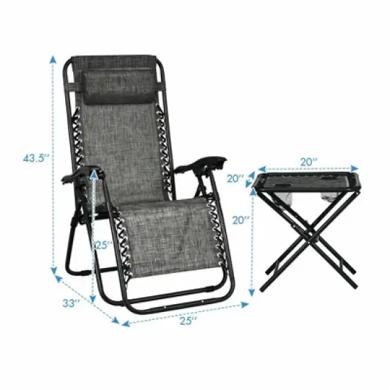 Costway 3PCS Zero Gravity Recliner Lounge Chairs Pillows Table Portable Folding Grey image {1}