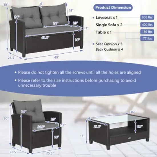 Tangkula Set Of 4 Outdoor Rattan Furniture Set PE Rattan Wicker Sectional Sofa w/ Loveseat Chair & Glass Table Patio Cushioned Conversation Sets Gray image {4}