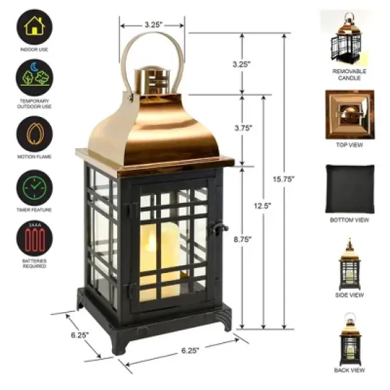 LumaBase Metal Lantern with LED Motion Flame Candle - Black with Copper Roof image {5}