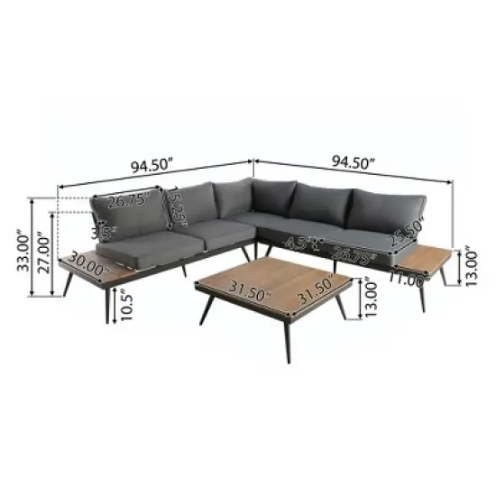 94.5" Outdoor Patio Aluminum L-Shaped Sectional Sofa Set with Coffee Table and Side Table image {1}