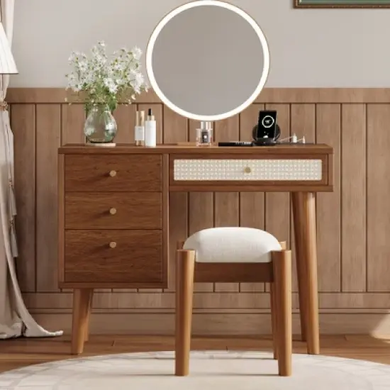 TOBILI 39" Wooden Makeup Vanity Set with Charging Plug USB Port and Stool, Dressing Table with 3 Storage Drawers and 1 Rectangular Rattan Drawer image {7}