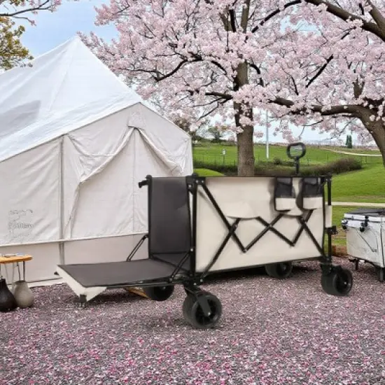 FURNIinspire Outdoor Serving Carts Outdoor Cart, Outdoor Carts With Wheels, Extra Long Beach Cart Outdoor Utility Cart, Beige, 35.43"*22.83"*43.34" image {3}