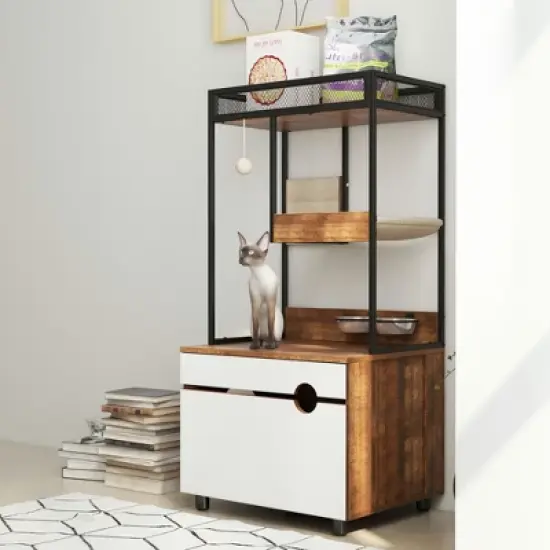 Lirago White Vintage Cat Litter Box Enclosure with Tower-48"H Pet Furniture 23.6x18.9 image {5}