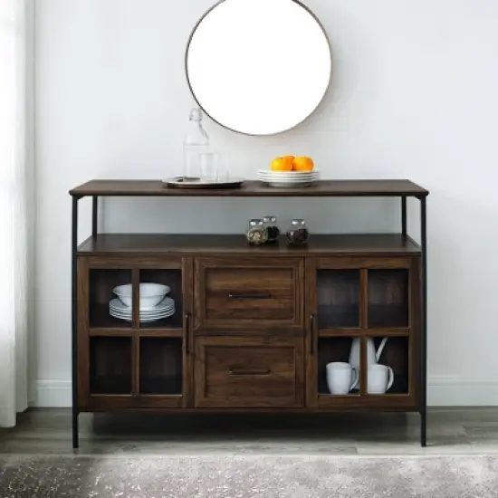 Adonis Transitional Industrial 3 Door Tiered Buffet Dark Walnut - Saracina Home image {1}