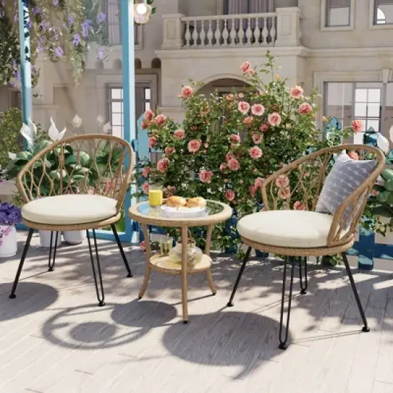 FIONECA 3-Piece Outdoor Leisure Set with 2 Rattan Chairs and Round Glass Table for Patio, Balcony, or Courtyard image {1}