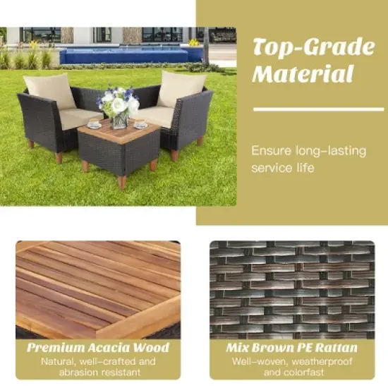 Costway 3PCS Patio Wicker Rattan Sofa Set Furniture Outdoor Acacia Wood Conversation image {6}