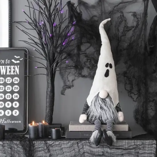 Whisen Fabric Sitting Gnome w/ White Ghost Hat, Halloween Decoration - Black & White image {2}