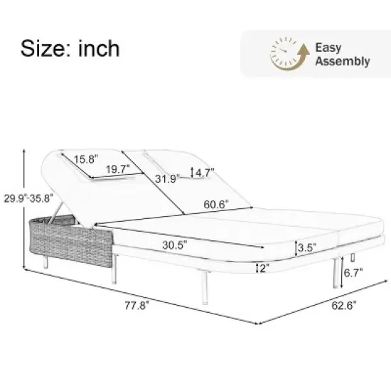 5-Position Adjustable Rattan Outdoor Double Chaise Lounge With Adjustable Backrest,Metal Frame,Removable Cushions And Pillows -Maison Boucle image {3}