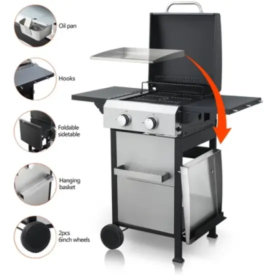 2-Burner Propane Gas Grill with Stainless Steel Plancha, Wire Enamel Grids, Foldable Side Table, Hanging Basket, Pull-Out Oil Pan, 24,600 BTU BBQ image {2}