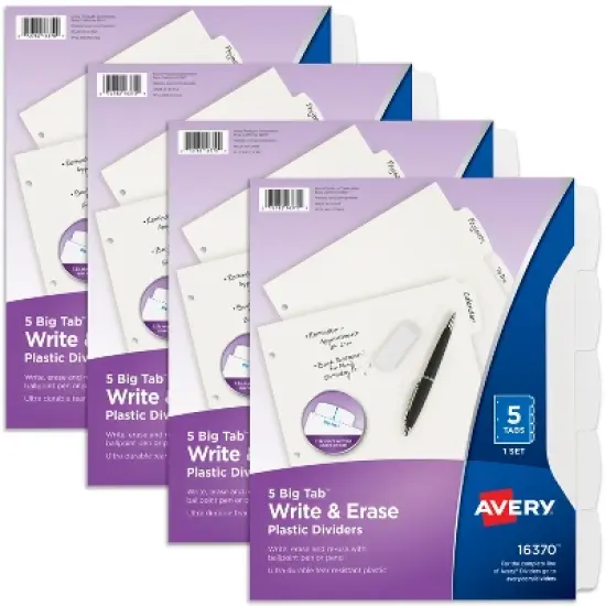 Avery Durable Plastic Write & Erase Big Tab Dividers for 3 Ring Binder, White, 5 Tab Set, 4 Packs, 4 Sets Total (16370) image {8}
