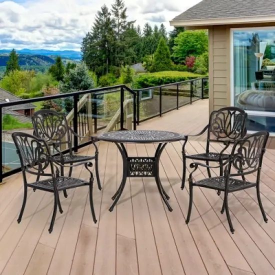 Outsunny Outdoor Furniture Cast Aluminum Dining Set for 4, Round Patio Table and Chairs w/ Umbrella Hole, Stackable Design, Adjustable Feet, Bronze image {1}