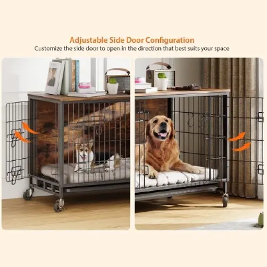 Acekool 32.5" Rustic Dog Crate & Side Table - Wood Kennel with Wheels for Medium/Large Dogs (138 characters) image {3}
