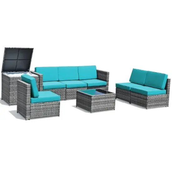 Tangkula 8-Piece Outdoor Wicker Rattan Conversation Sofa Set w/ Storage Table White/Black/Turquoise image {6}