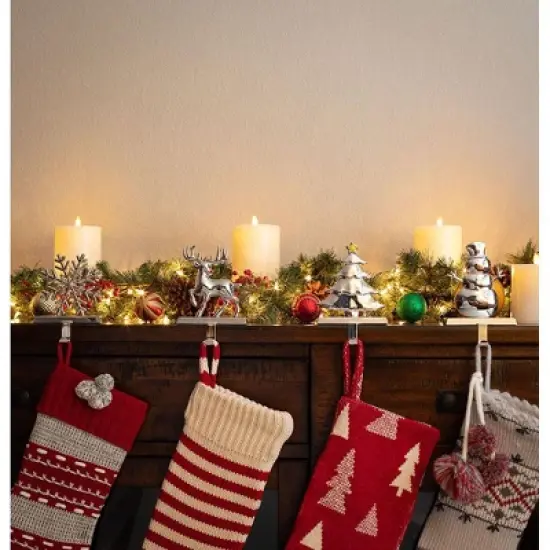 BIRDROCK HOME Christmas Stocking Holders for Mantel Set of 4 - Reindeer, Snowman, Snowflake, Tree image {1}