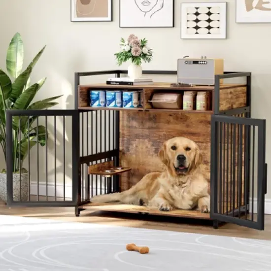 Indoor Dog Crate Furniture with Storage Shelf & Anti-Chew Design - Kennel for Small to Large Dogs image {7}