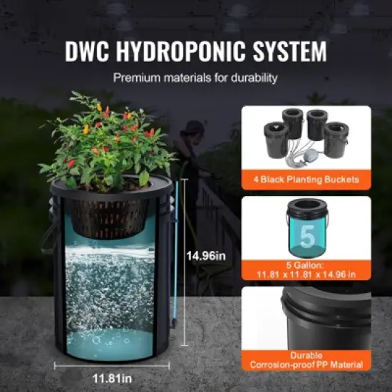 VEVOR DWC Hydroponics Grow System, Hydroponic Growing System with Top Drip Kit, Deep Water Culture 5-Gallon 4 Buckets, with Air Pump, Black image {7}