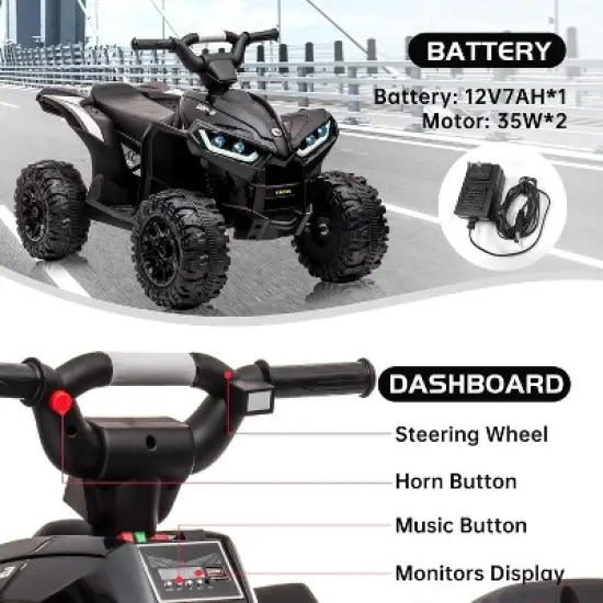 12V Kids Ride On ATV,Battery Powered Electric Four Wheeler with Music, Led Lights, High/Low Speed Modes image {2}