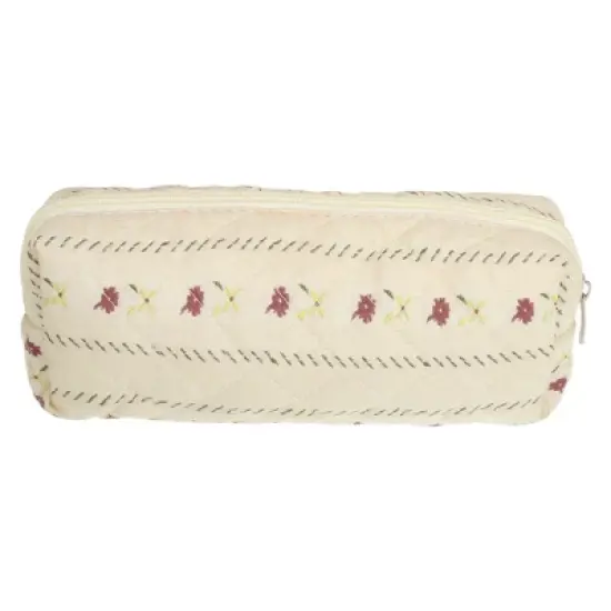 Unique Bargains Durable Small Quilted Stripe Makeup Bag Red Beige 1 Pc image {3}