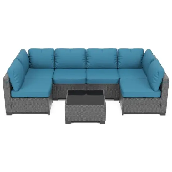 homfan 7 Piece Outdoor Patio Furniture Set, PE Rattan Conversation Sofa Set, Wicker Patio Set w/Thick Cushions & Glass Top Coffee Table image {11}