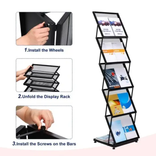 Unique Bargains Exhibition Foldable 5 Layers Brochure Magazine Display Racks with Wheels Black image {3}