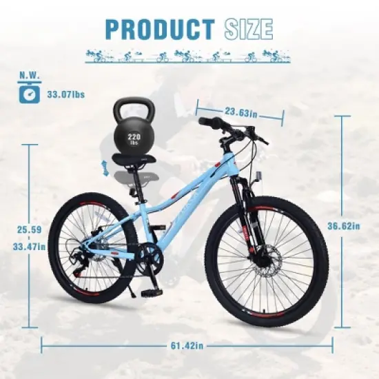 NAYSAYE Mountain Bike for Girls and Boys 24 Inch Steel Frame with 6-Speed Gear System for Outdoor Adventures, Blue, 61.42"*23.63"*36.62" image {3}