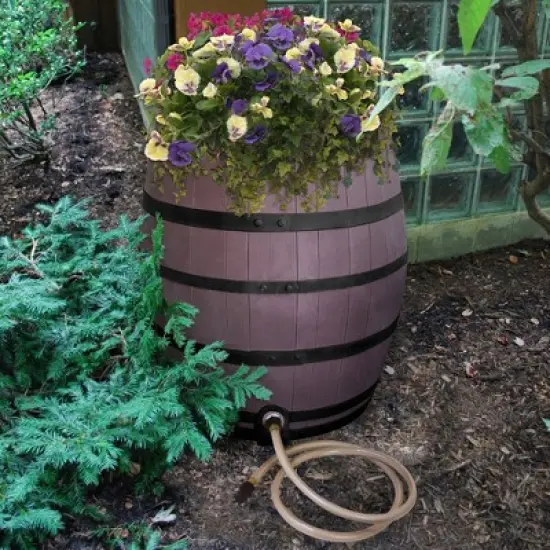 Emsco Flatback 50 gallon Whiskey Rain Barrel with Black Bands Brown image {1}
