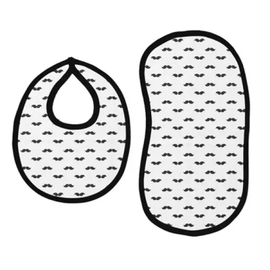 Bacati - Mustache/Plus Muslin 4 pc set of Bibs & Burp Cloths Set, Black image {1}