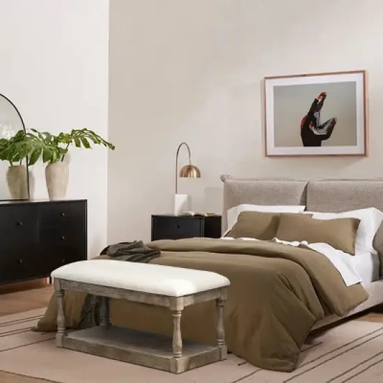 LuxenHome Upholstered Beige Linen Entryway and Bedroom Bench. image {6}