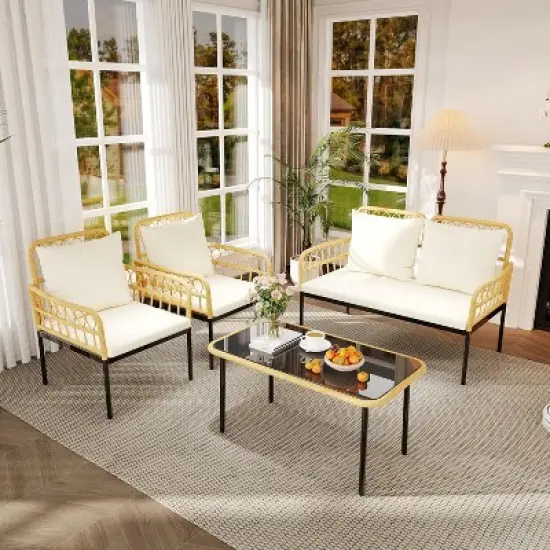 4-Piece Outdoor Patio Furniture Set, All-Weather PE Rattan Wicker Loveseat & Chairs with Glass Coffee Table & Steel Frame, Boho Conversation Set image {6}