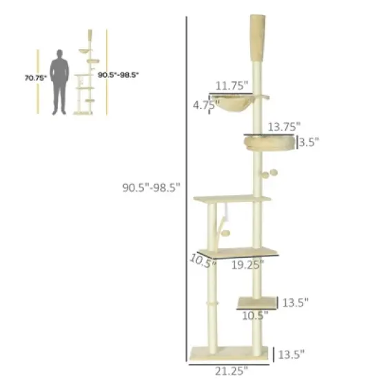 SEVOBAL Floor to Ceiling Cat Tree Adjustable Height, Cat Climbing Tower with Carpeted Platforms, Toy Balls, Beige, (21.25"*13.5"*98.5") image {2}