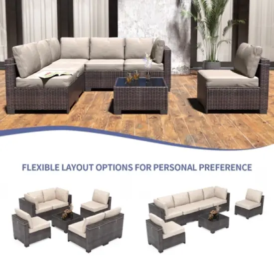 homfan 7-Piece Outdoor Patio Furniture Set - Waterproof Rattan Sectional Sofa with Cushions & Glass Top Table, Patio Conversation Set for Backyard image {2}