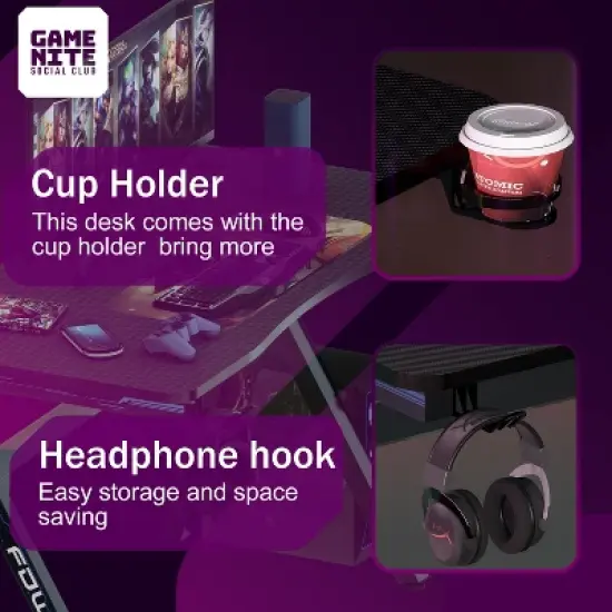 BestMassage 47 Inch Gaming Desk Multifunctional Gaming Workstation Wide Gaming Table for Multiple Monitors Cup Holder & Headphone Hook image {4}