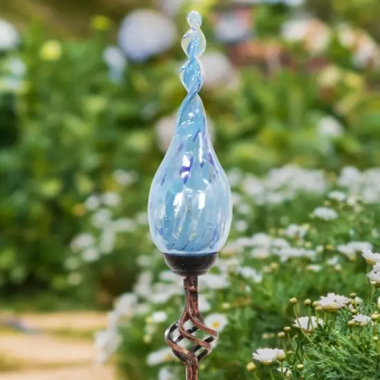 30" Pearlized Glass Solar Flame Stake Light Blue - Exhart image {2}