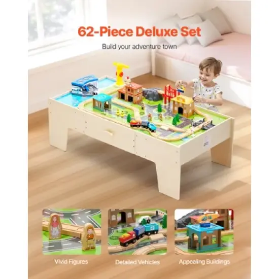 VEVOR Train Table, 62 Multicolor Pieces Wooden Kids Activity Table with Large Storage Drawer, 3-in-1 Wooden Train Set for Kids Ages 3+, Multicolor image {3}