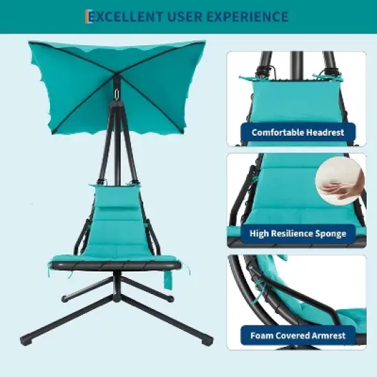 Hanging Chaise Lounge Chair, Ergonomic Outdoor Swing with Canopy & Cushion, Patio Garden Poolside, Dream Hammock + Mat image {6}
