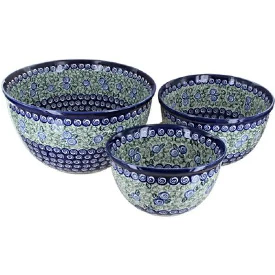Blue Rose Polish Pottery 1900 Zaklady Mixing Bowl Set image {9}