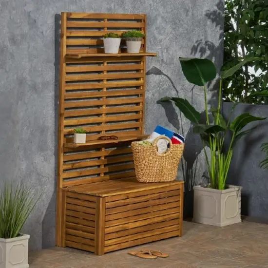 Christopher Knight Home Andrusia Outdoor Rustic Acacia Wood Storage Bench with Rack, Teak image {10}